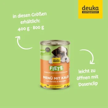 Fiete Junior Menü Mit Kalb, Karotte Und Kartoffel Deutsches Premium-Nassfutter 6x400g Dose 8 Fiete Junior Menü Mit Kalb, Karotte Und Kartoffel Deutsches Premium-Nassfutter 6x400g Dose – Bild 6